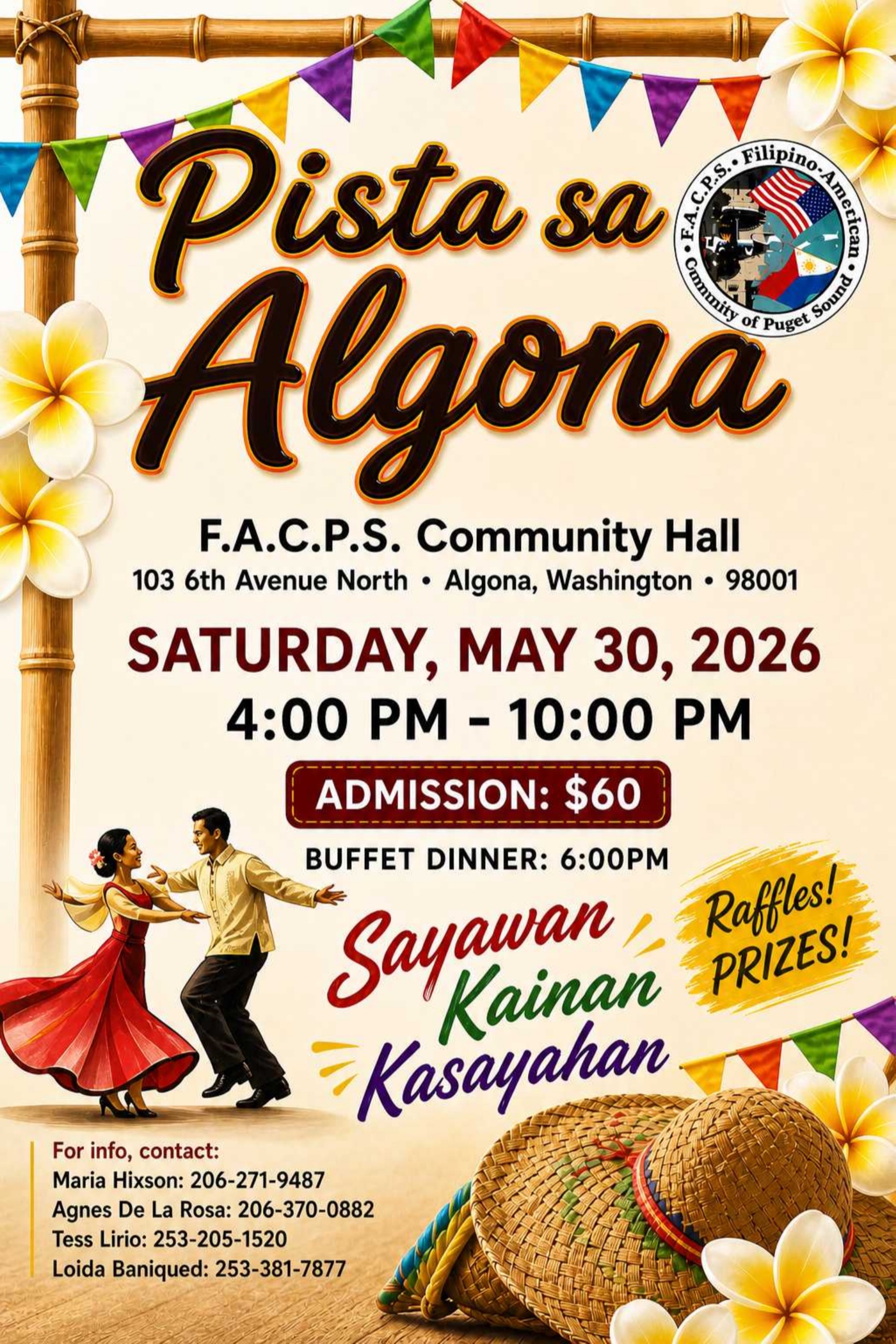 Pista sa Algona flyer — F.A.C.P.S. Community Hall, Saturday May 30, 2026